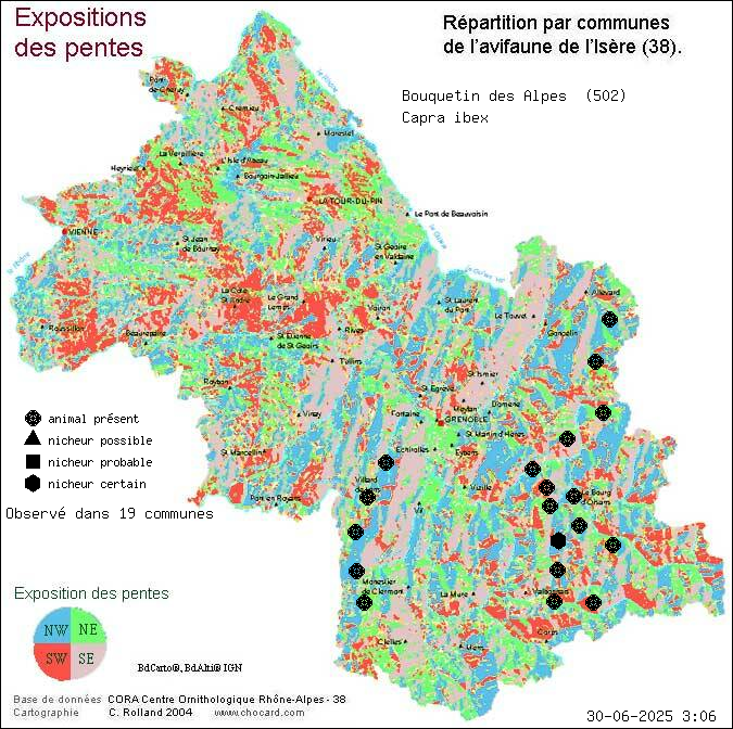 Carte de rpartition par communes en Isre d'une espce d'animal: Bouquetin des Alpes (Capra ibex) selon Expositions