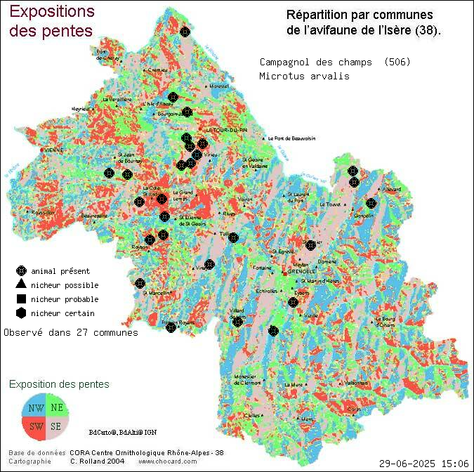 Carte de rpartition par communes en Isre d'une espce d'animal: Campagnol des champs (Microtus arvalis) selon Expositions