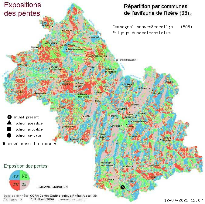 Carte de rpartition par communes en Isre d'une espce d'animal: Campagnol provenal (Pitymys duodecimcostatus) selon Expositions