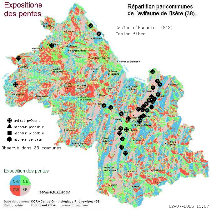 Carte de rpartition par communes en Isre d'une espce d'animal: Castor d Eurasie (Castor fiber) selon Expositions