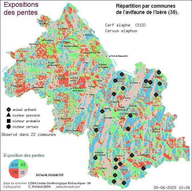 Carte de rpartition par communes en Isre d'une espce d'animal: Cerf laphe (Cervus elaphus) selon Expositions