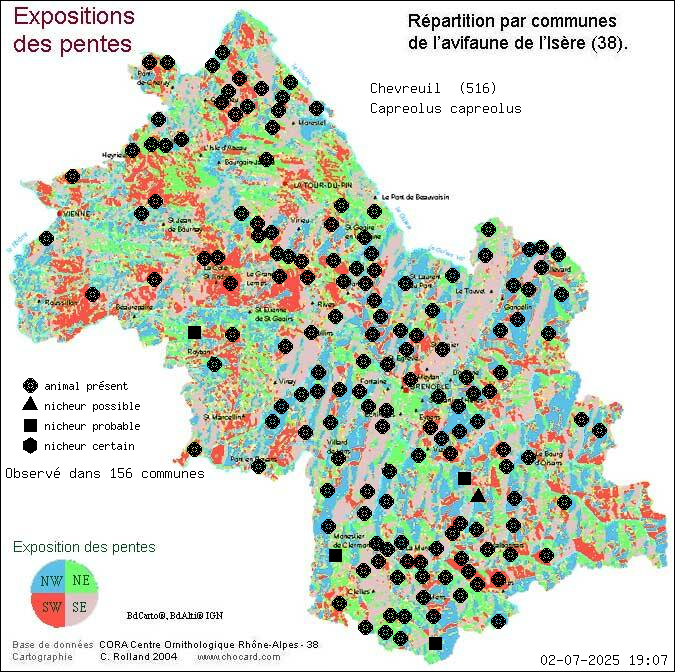 Carte de rpartition par communes en Isre d'une espce d'animal: Chevreuil (Capreolus capreolus) selon Expositions