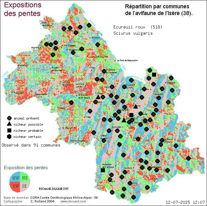 Carte de rpartition par communes en Isre d'une espce d'animal: Ecureuil roux (Sciurus vulgaris) selon Expositions