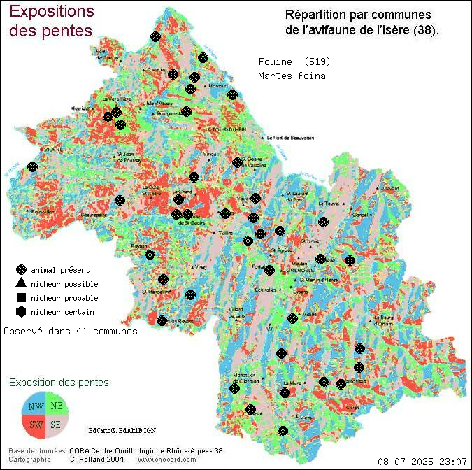 Carte de rpartition par communes en Isre d'une espce d'animal: Fouine (Martes foina) selon Expositions