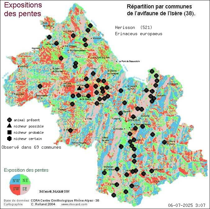 Carte de rpartition par communes en Isre d'une espce d'animal: Hrisson (Erinaceus europaeus) selon Expositions