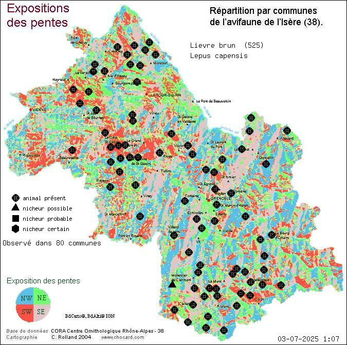 Carte de rpartition par communes en Isre d'une espce d'animal: Livre brun (Lepus capensis) selon Expositions