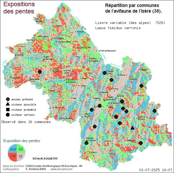 Livre variable (des alpes) (Lepus timidus varronis): carte de rpartition en Isre