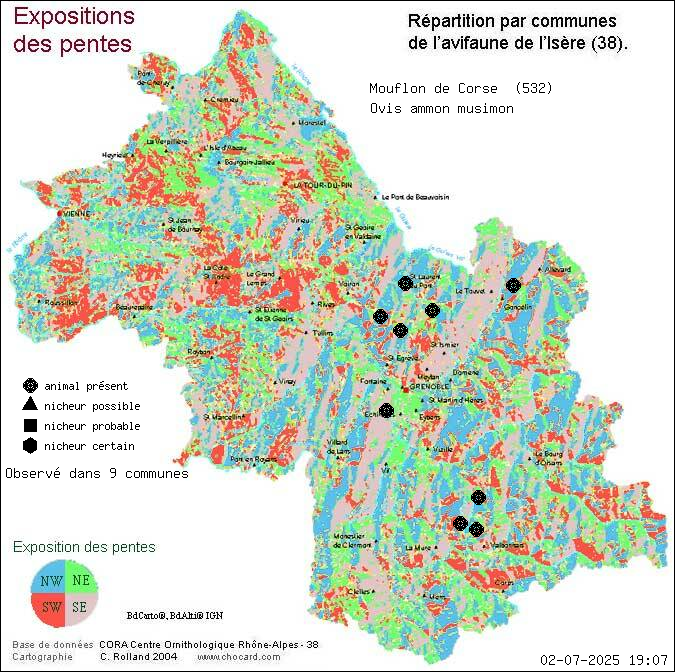 Carte de rpartition par communes en Isre d'une espce d'animal: Mouflon de Corse (Ovis ammon musimon) selon Expositions