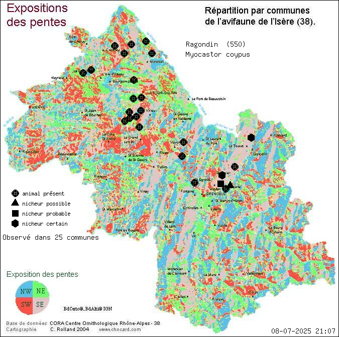 Carte de rpartition par communes en Isre d'une espce d'animal: Ragondin (Myocastor coypus) selon Expositions
