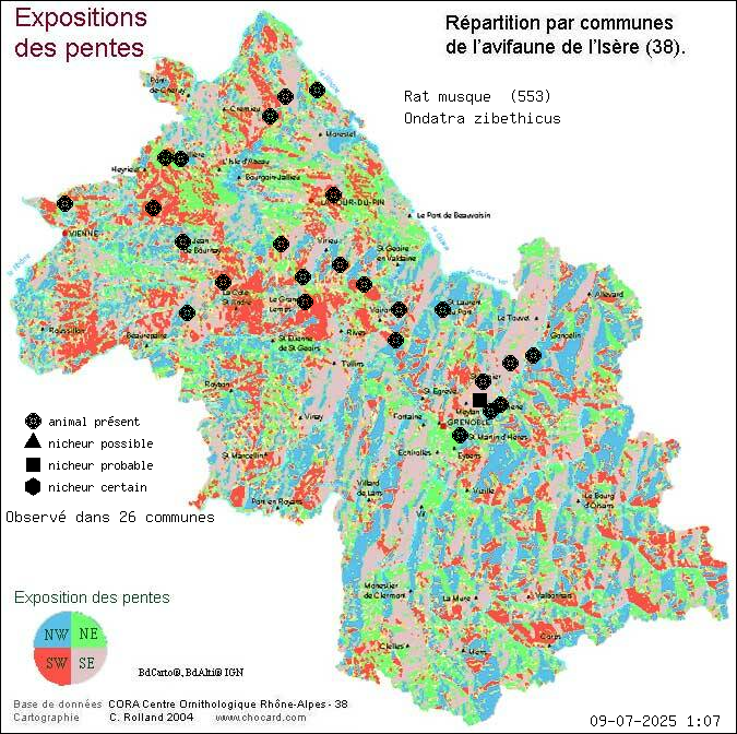 Carte de rpartition par communes en Isre d'une espce d'animal: Rat musqu (Ondatra zibethicus) selon Expositions