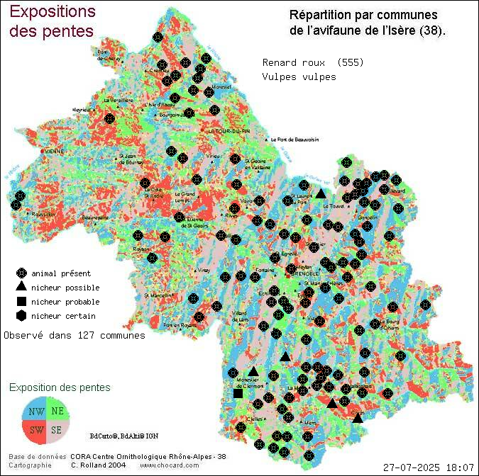 Carte de rpartition par communes en Isre d'une espce d'animal: Renard roux (Vulpes vulpes) selon Expositions