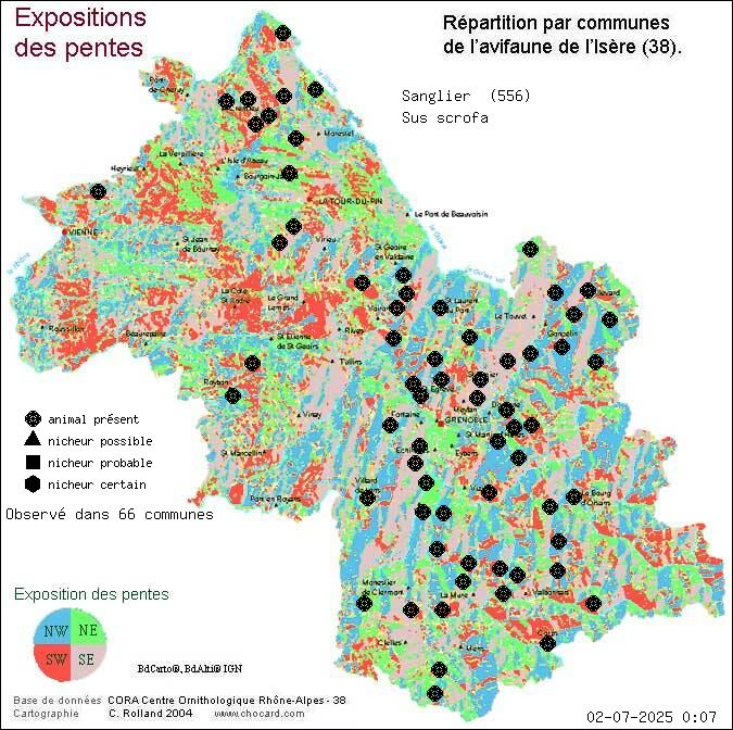 Sanglier (Sus scrofa): carte de rpartition en Isre