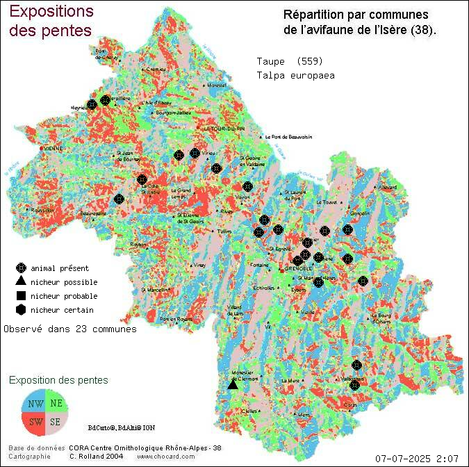 Carte de rpartition par communes en Isre d'une espce d'animal: Taupe (Talpa europaea) selon Expositions