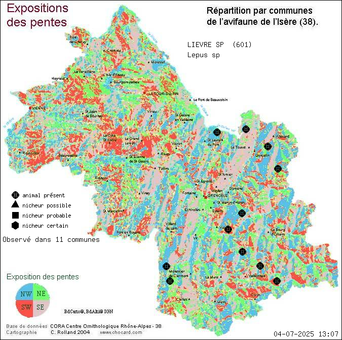 Carte de rpartition par communes en Isre d'une espce d'animal: LIEVRE SP (Lepus sp) selon Expositions
