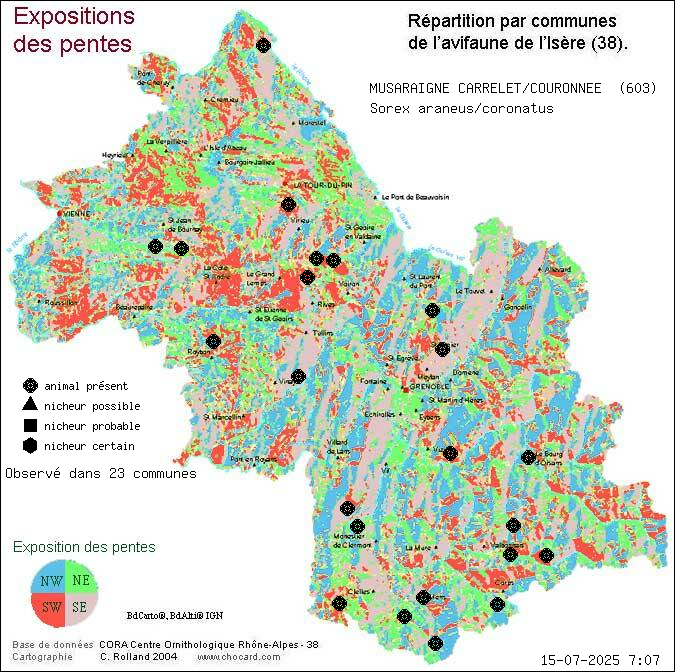Carte de rpartition par communes en Isre d'une espce d'animal: MUSARAIGNE CARRELET/COURONNEE (Sorex araneus/coronatus) selon Expositions