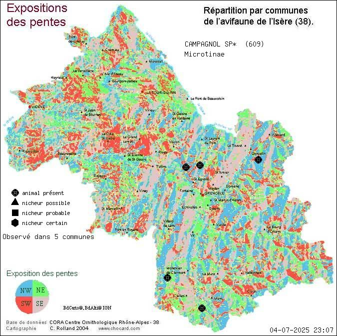 Carte de rpartition par communes en Isre d'une espce d'animal: CAMPAGNOL SP* (Microtinae) selon Expositions