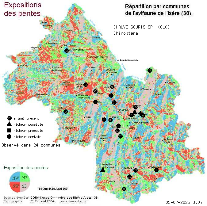 Carte de rpartition par communes en Isre d'une espce d'animal: CHAUVE SOURIS SP (Chiroptera) selon Expositions