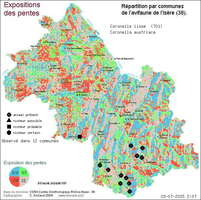 Carte de rpartition par communes en Isre d'une espce d'animal: Coronelle lisse (Coronella austriaca) selon Expositions