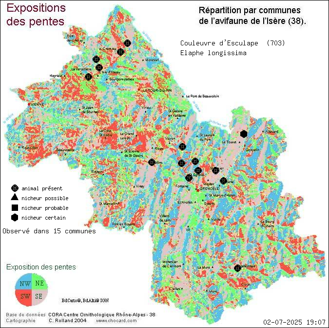 Carte de rpartition par communes en Isre d'une espce d'animal: Couleuvre d Esculape (Elaphe longissima) selon Expositions