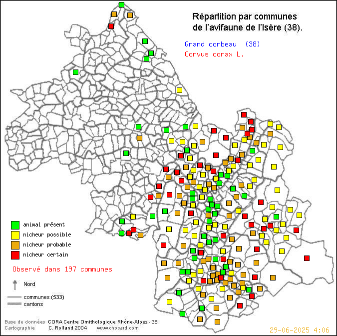 Grand corbeau (Corvus corax L.): carte de rpartition en Isre