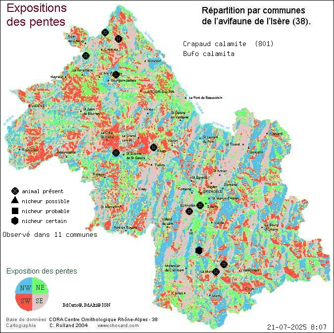 Carte de rpartition par communes en Isre d'une espce d'animal: Crapaud calamite (Bufo calamita) selon Expositions