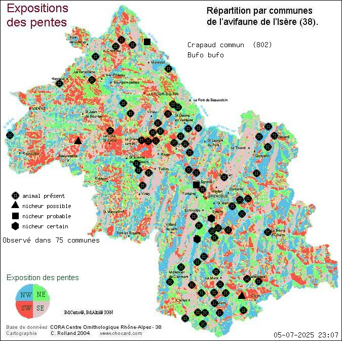 Carte de rpartition par communes en Isre d'une espce d'animal: Crapaud commun (Bufo bufo) selon Expositions