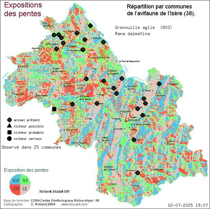 Carte de rpartition par communes en Isre d'une espce d'animal: Grenouille agile (Rana dalmatina) selon Expositions