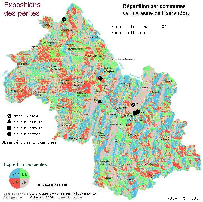 Carte de rpartition par communes en Isre d'une espce d'animal: Grenouille rieuse (Rana ridibunda) selon Expositions