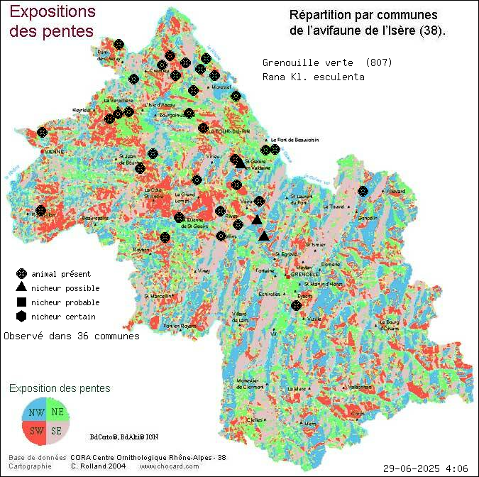 Carte de rpartition par communes en Isre d'une espce d'animal: Grenouille verte (Rana Kl. esculenta) selon Expositions