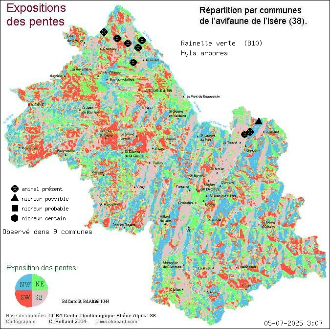 Carte de rpartition par communes en Isre d'une espce d'animal: Rainette verte (Hyla arborea) selon Expositions