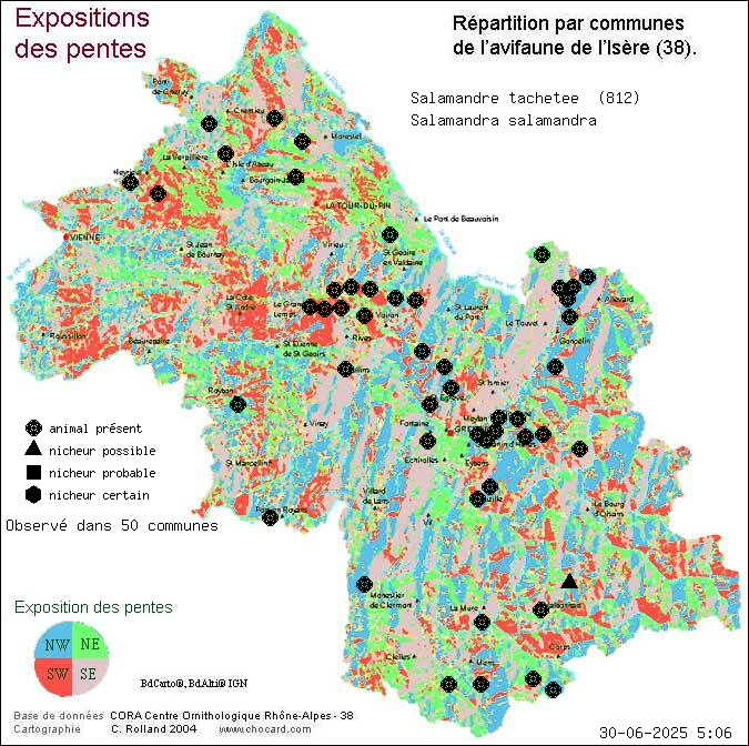Carte de rpartition par communes en Isre d'une espce d'animal: Salamandre tachete (Salamandra salamandra) selon Expositions