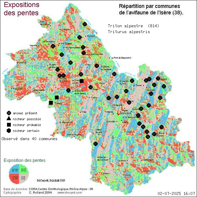 Carte de rpartition par communes en Isre d'une espce d'animal: Triton alpestre (Triturus alpestris) selon Expositions