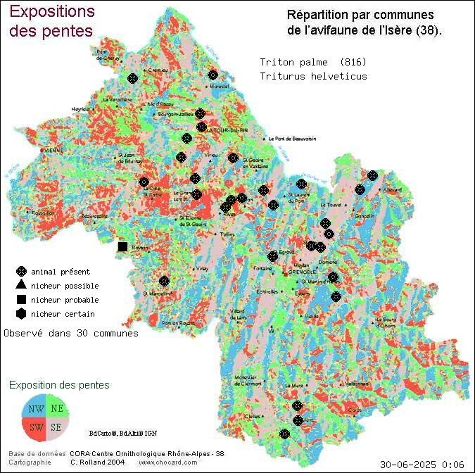 Carte de rpartition par communes en Isre d'une espce d'animal: Triton palm (Triturus helveticus) selon Expositions