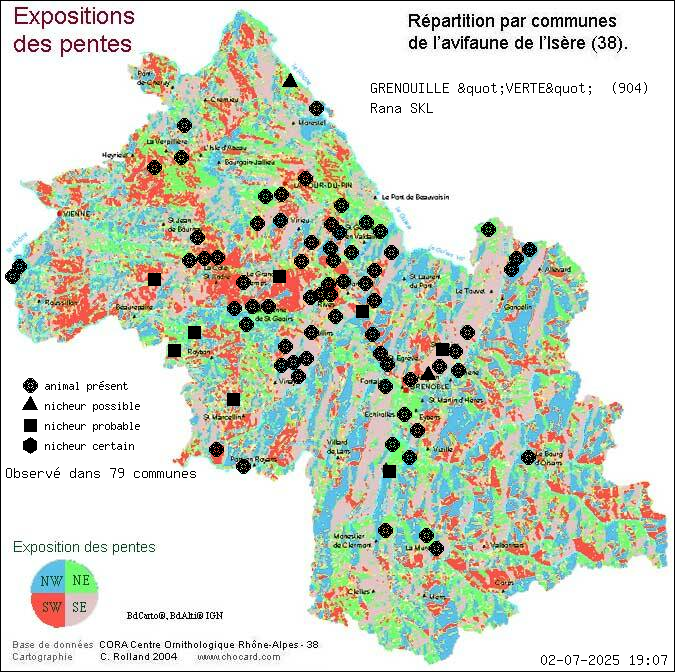 Carte de rpartition par communes en Isre d'une espce d'animal: GRENOUILLE "VERTE" (Rana SKL) selon Expositions