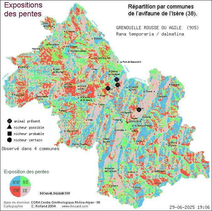 Carte de rpartition par communes en Isre d'une espce d'animal: GRENOUILLE ROUSSE OU AGILE (Rana temporaria / dalmatina) selon Expositions