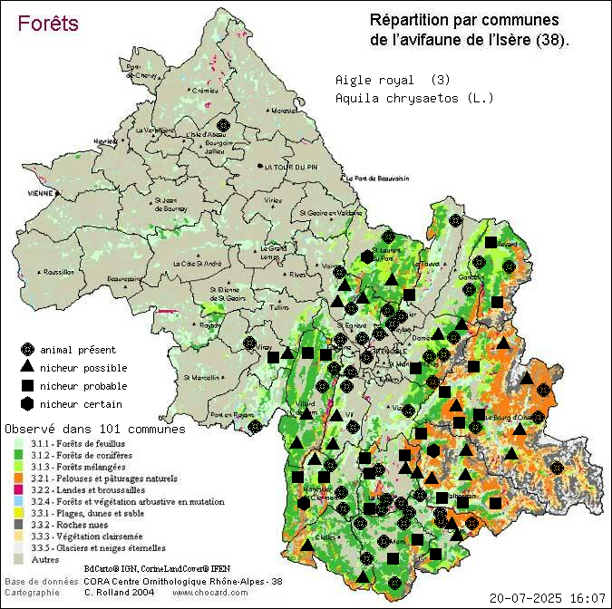 Aigle royal (Aquila chrysaetos (L.)): carte de rpartition en Isre