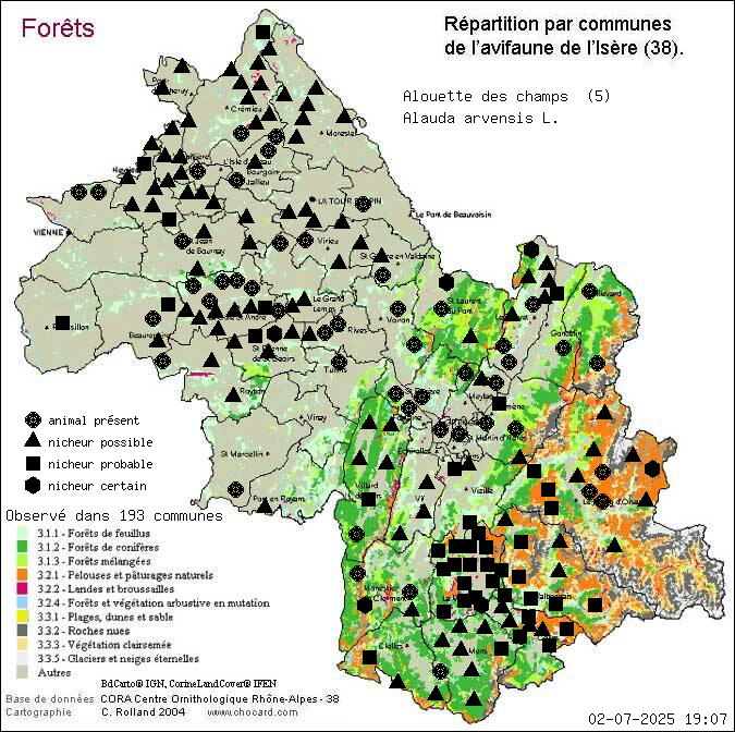 Carte de rpartition par communes en Isre d'une espce d'animal: Alouette des champs (Alauda arvensis L.) selon Forts