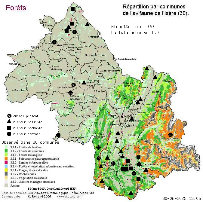 Alouette lulu (Lullula arborea (L.)): carte de rpartition en Isre