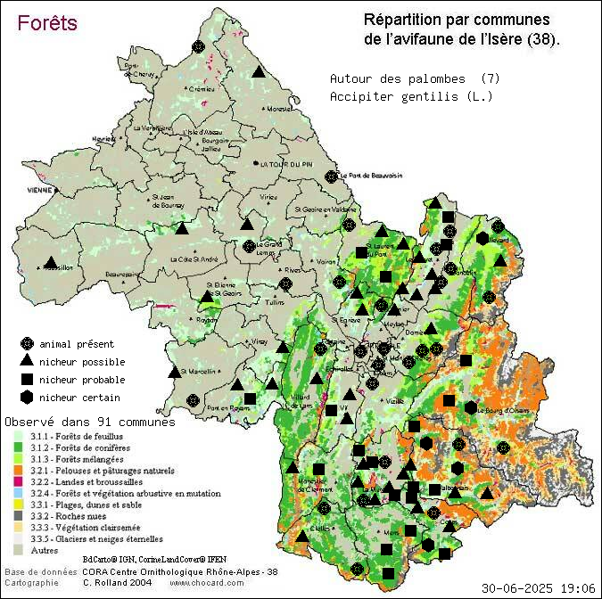 Autour des palombes (Accipiter gentilis (L.)): carte de rpartition en Isre