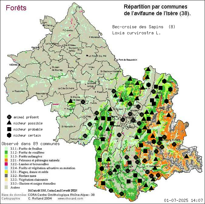 Bec-crois des Sapins (Loxia curvirostra L.): carte de rpartition en Isre