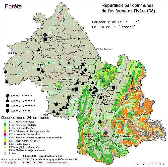 Carte de rpartition par communes en Isre d'une espce d'animal: Bouscarle de Cetti (Cettia cetti (Temmick)) selon Forts