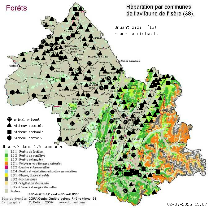 Carte de rpartition par communes en Isre d'une espce d'animal: Bruant zizi (Emberiza cirlus L.) selon Forts