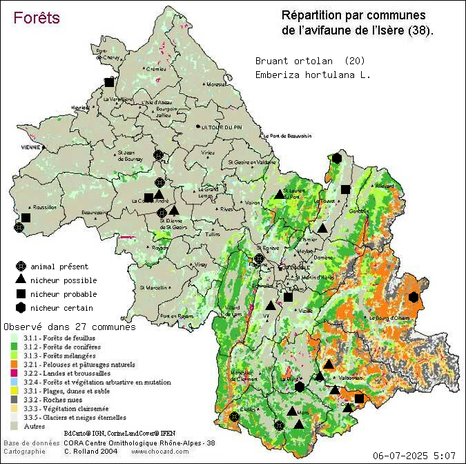 Carte de rpartition par communes en Isre d'une espce d'animal: Bruant ortolan (Emberiza hortulana L.) selon Forts