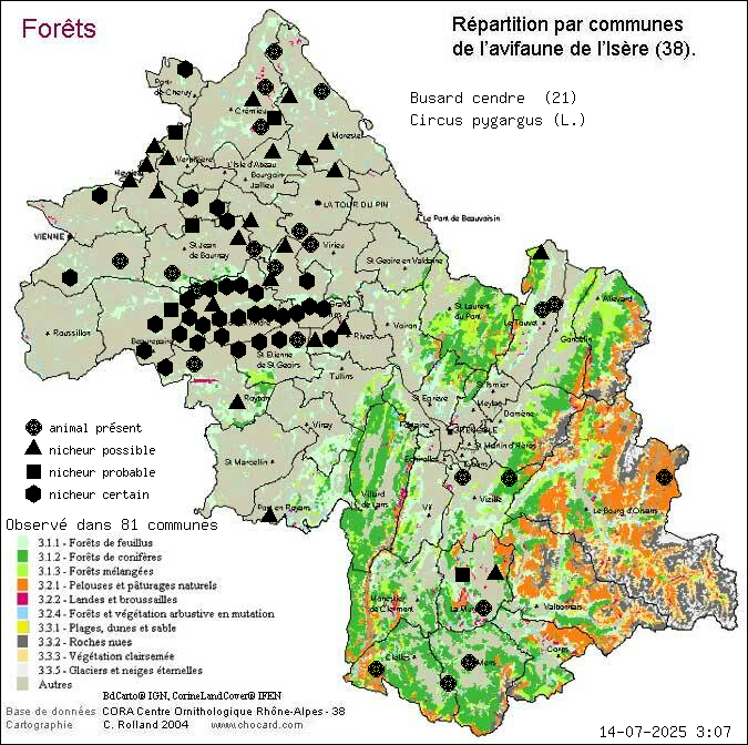 Carte de rpartition par communes en Isre d'une espce d'animal: Busard cendr (Circus pygargus (L.)) selon Forts