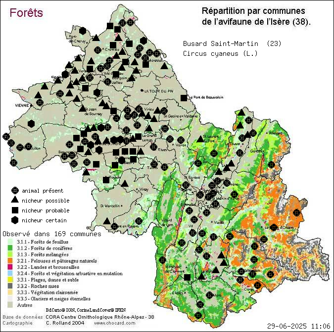 Carte de rpartition par communes en Isre d'une espce d'animal: Busard Saint-Martin (Circus cyaneus (L.)) selon Forts