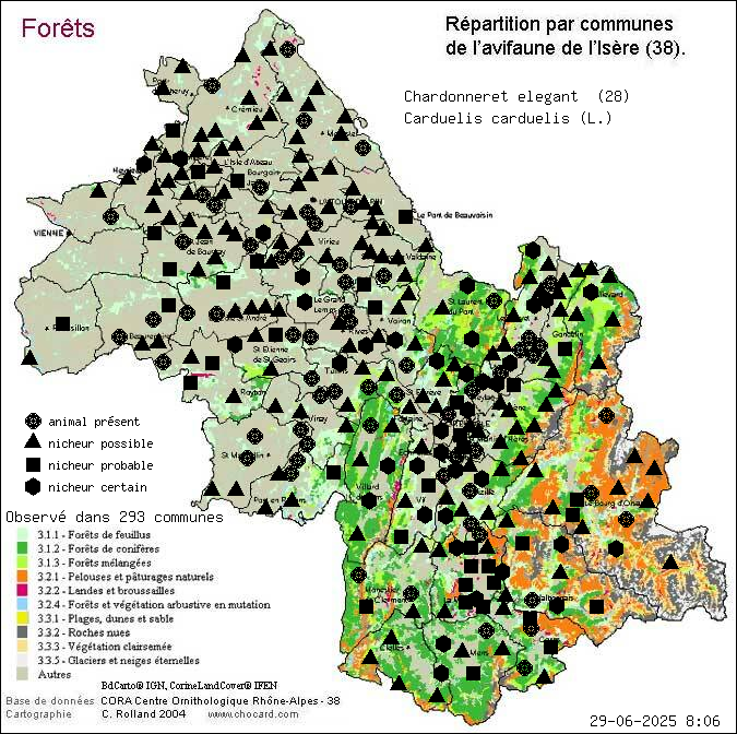 Carte de rpartition par communes en Isre d'une espce d'animal: Chardonneret lgant (Carduelis carduelis (L.)) selon Forts