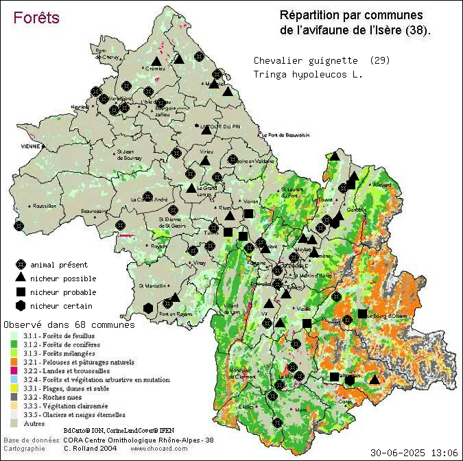 Chevalier guignette (Tringa hypoleucos L.): carte de rpartition en Isre
