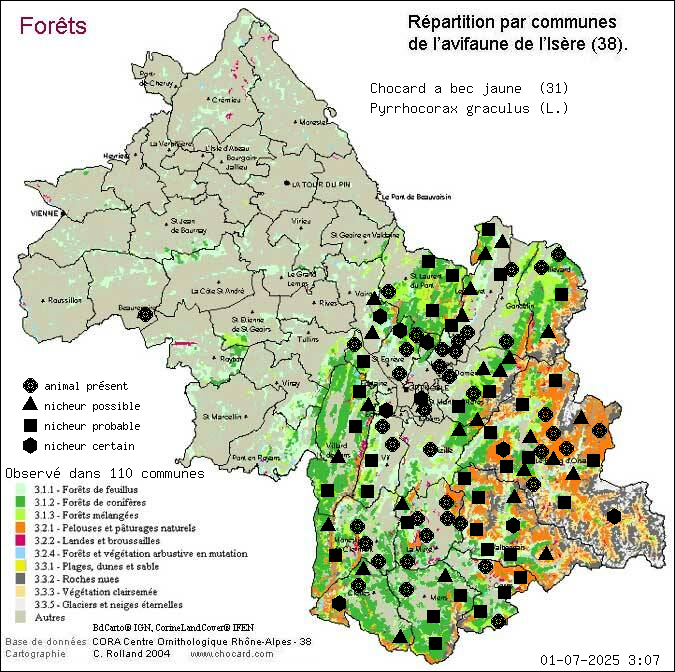 Chocard  bec jaune (Pyrrhocorax graculus (L.)): carte de rpartition en Isre