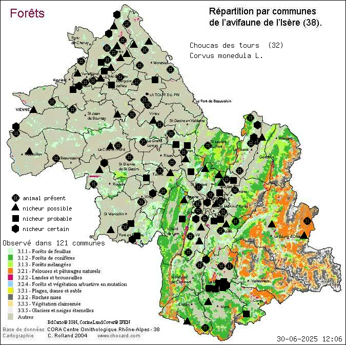 Choucas des tours (Corvus monedula L.): carte de rpartition en Isre