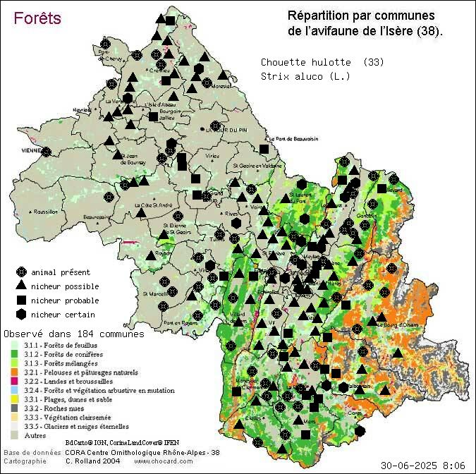 Chouette hulotte (Strix aluco (L.)): carte de rpartition en Isre